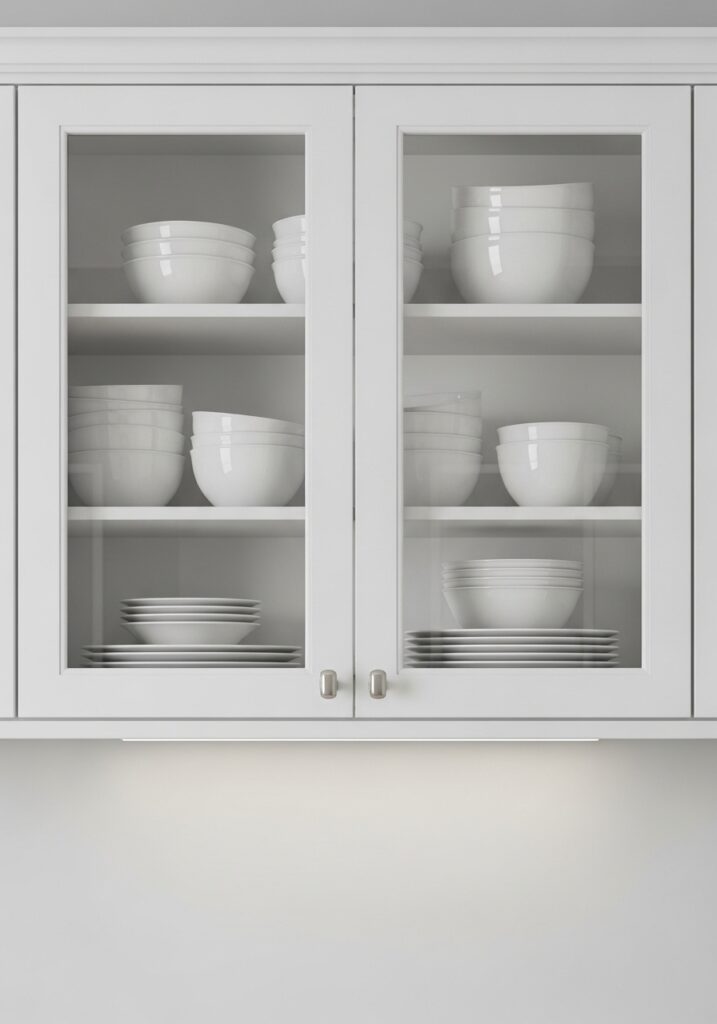 Glass-front cabinet doors in small kitchen creating visual depth and lightness