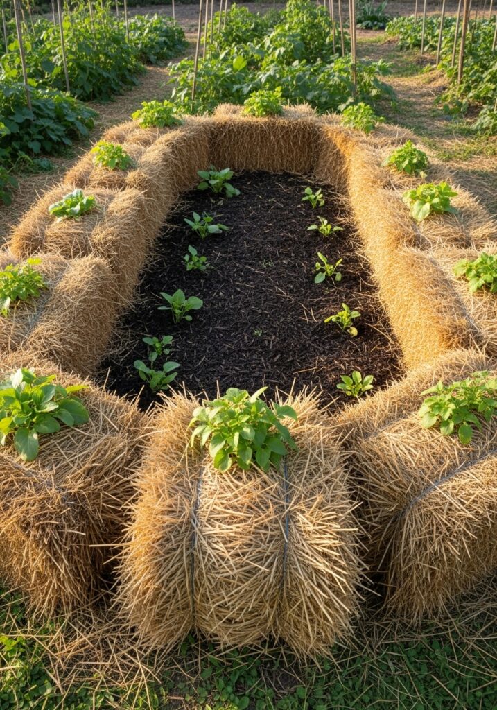 Temporary raised garden bed created from straw bale walls filled with vegetables