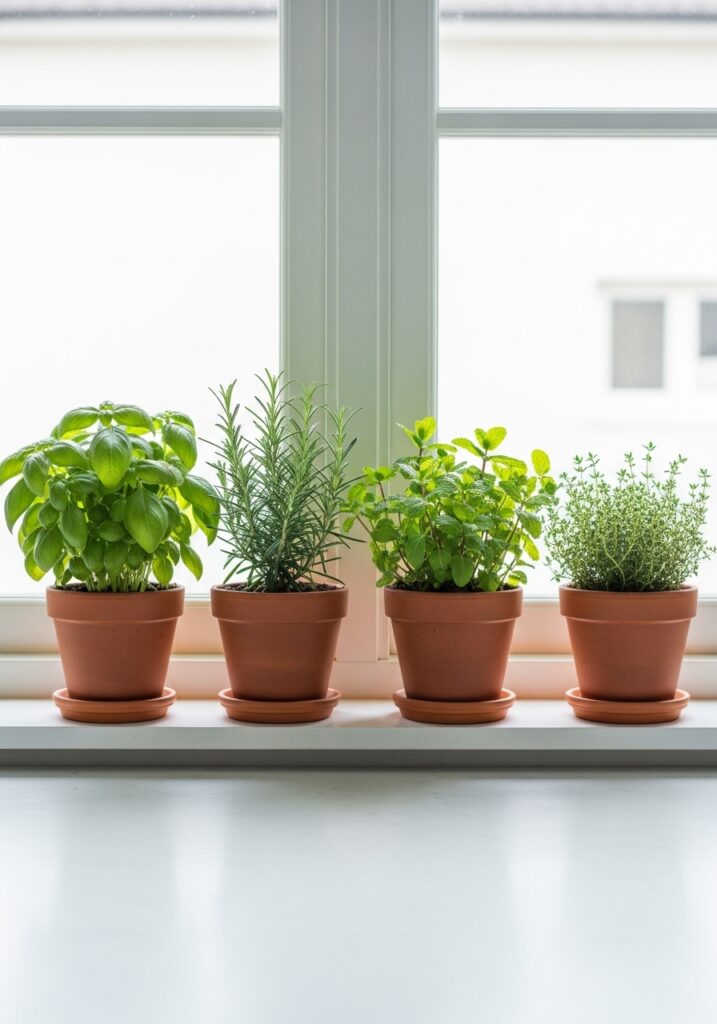 Row of terracotta pots with fresh basil, rosemary, and mint on kitchen windowsill for summer home decoration
