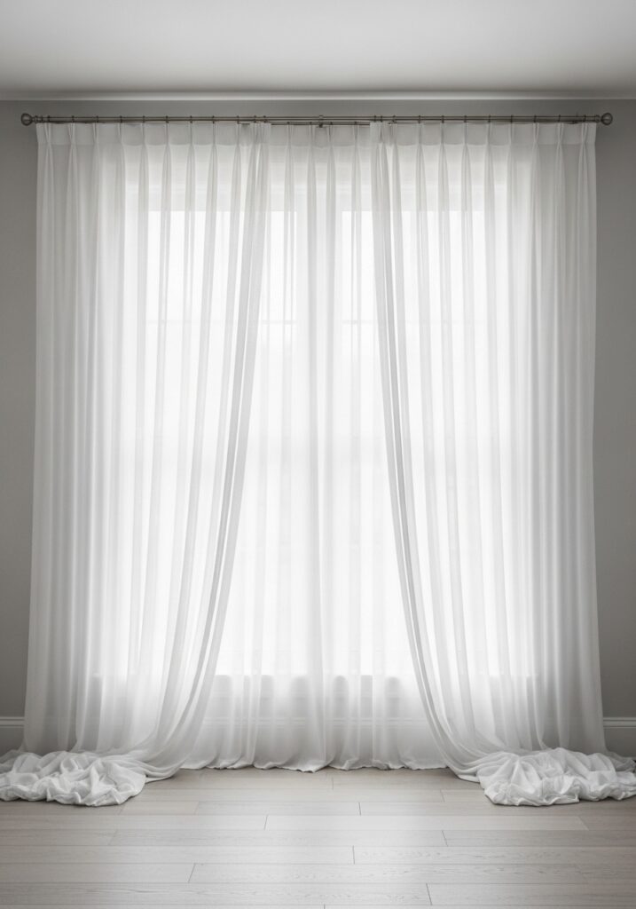 Curtains hung high and wide making windows look larger in small living room