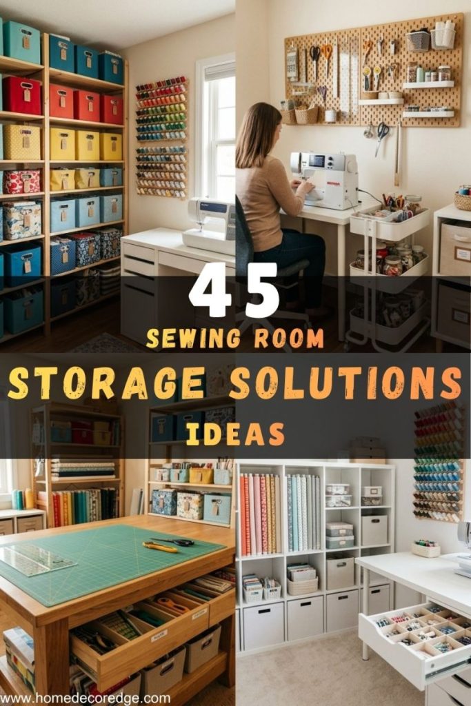 45 sewing room storage solutions including open shelving with fabric bins pegboard wall compact corner setup cutting table with built-in storage and modular cube system