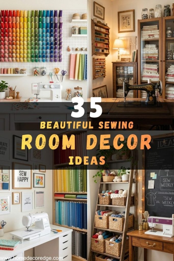 35 sewing room decor ideas including rainbow thread wall display vintage machine centerpiece inspirational gallery wall and cozy ladder shelf corner with plants and brass accents