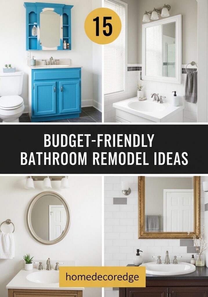 15 budget-friendly bathroom remodel ideas hook image with HomeDecorEdge branding