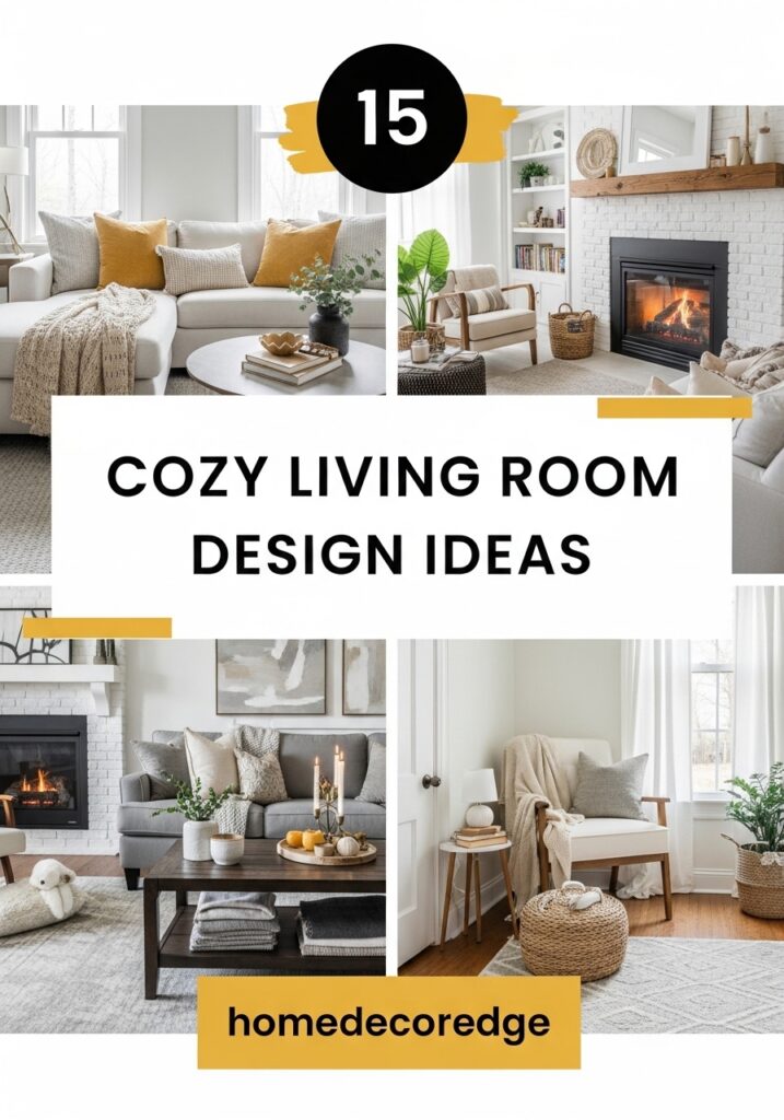 15 cozy living room design ideas hook image with HomeDecorEdge branding