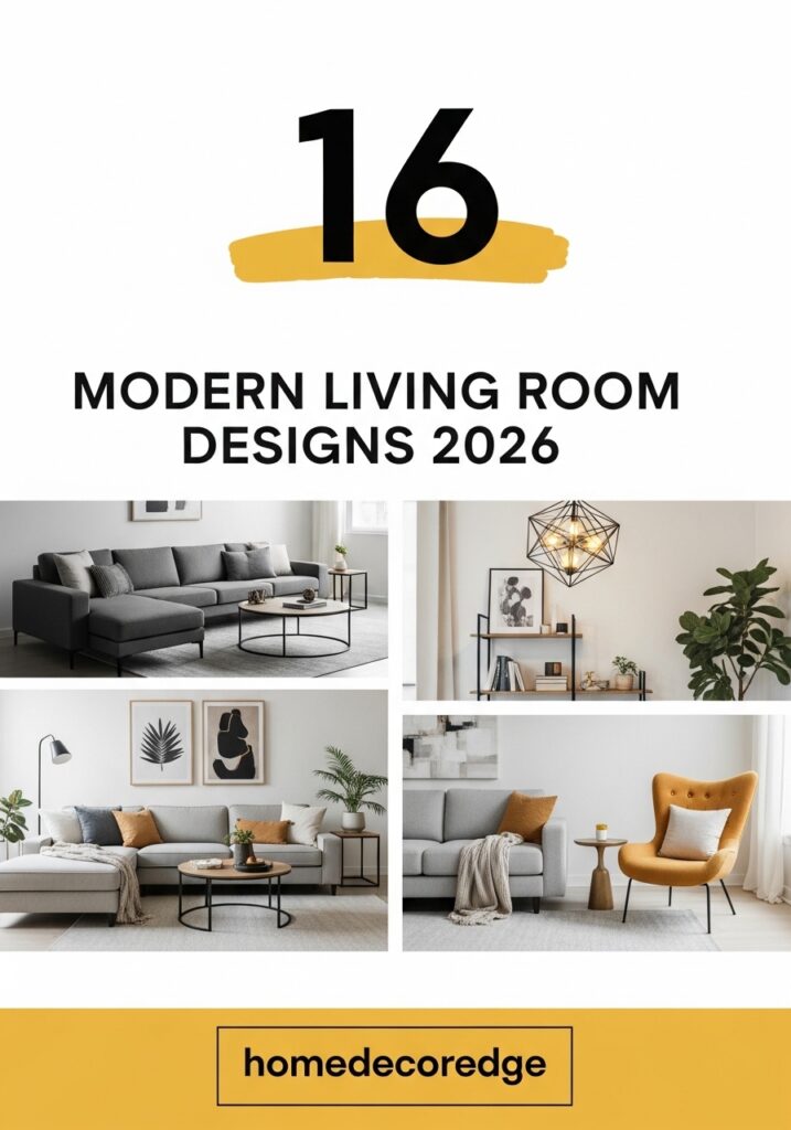 16 modern living room designs 2026 hook image with HomeDecorEdge branding