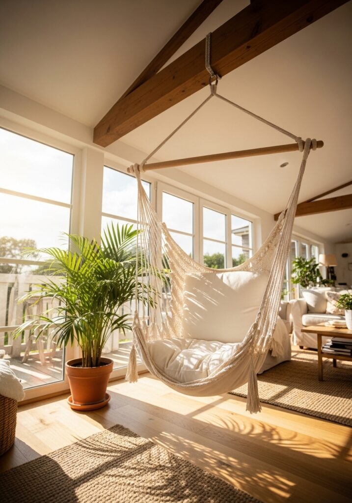 Cotton hammock chair hanging indoors in bright summer living room with tropical plant and natural light