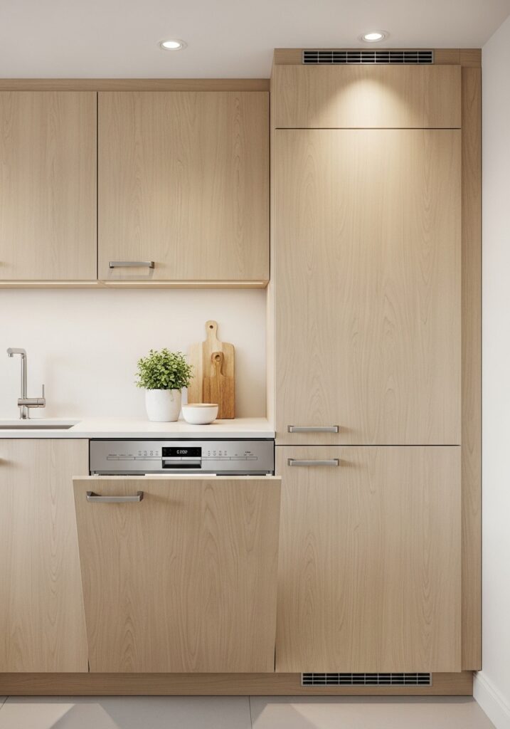 Panel-ready integrated appliances in small kitchen creating seamless look