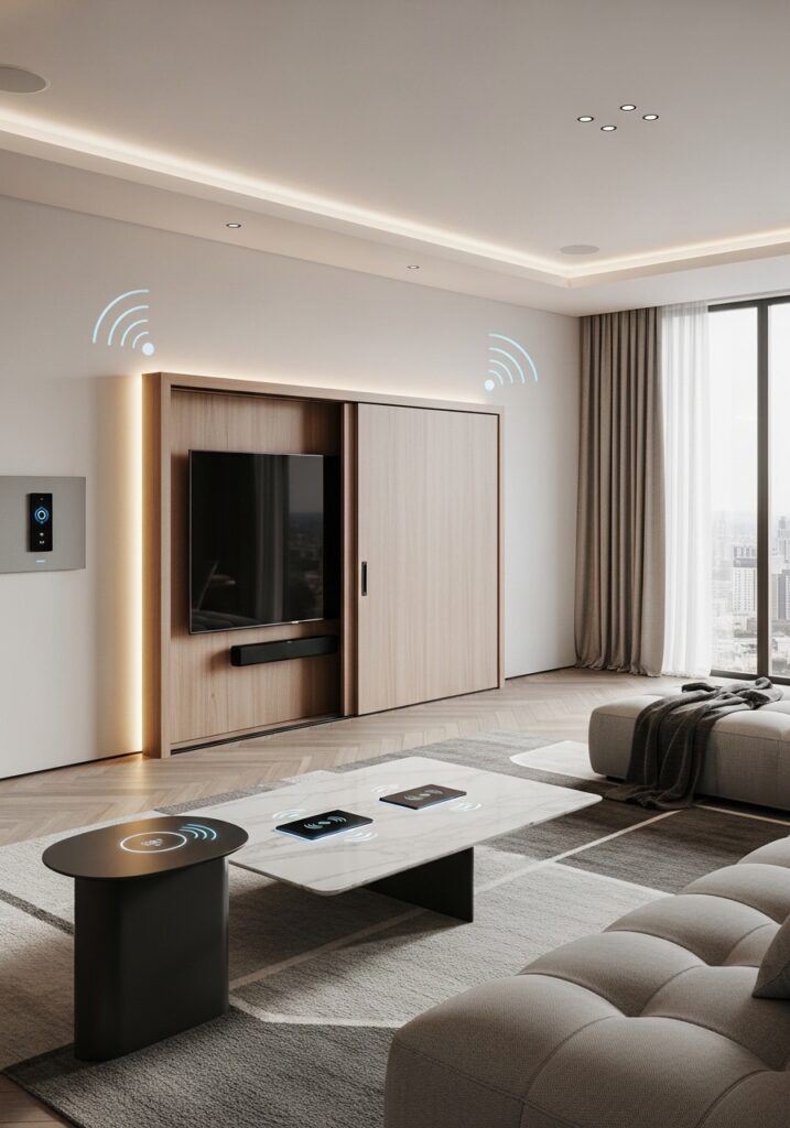 Smart home technology integrated seamlessly in modern living room 2026

