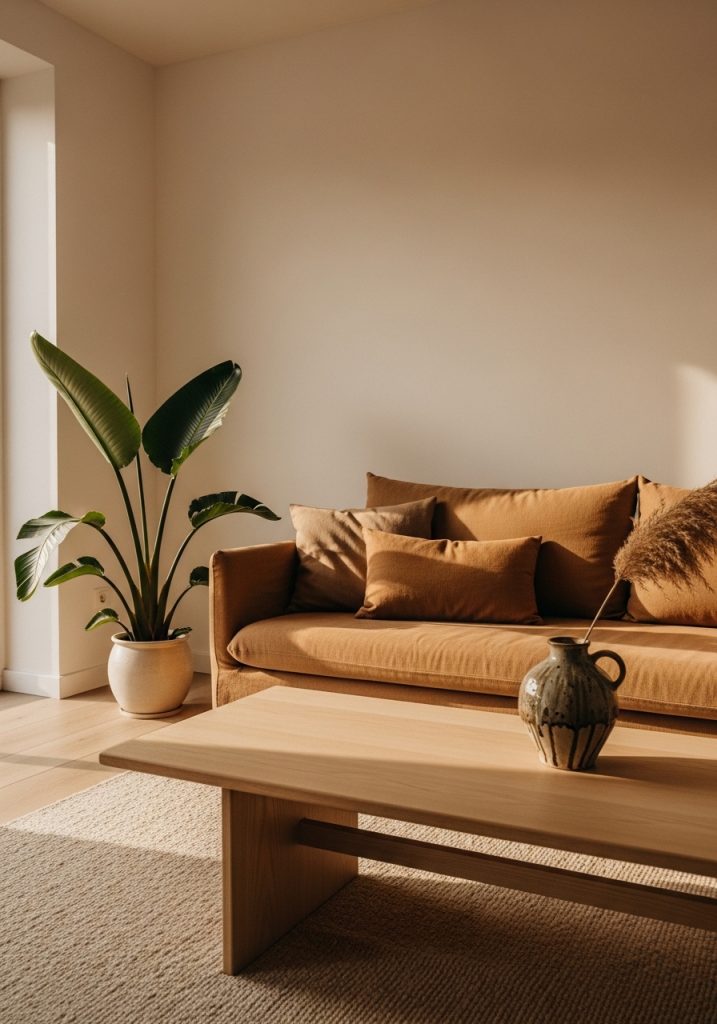 Japandi summer aesthetic living room with low wood coffee table, single tropical plant, oatmeal linen sofa, and minimal natural decor