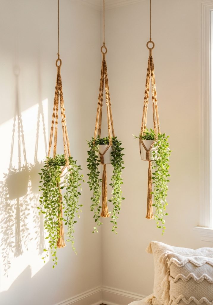 Three DIY jute macramé plant hangers with trailing plants at different heights for summer boho home decor