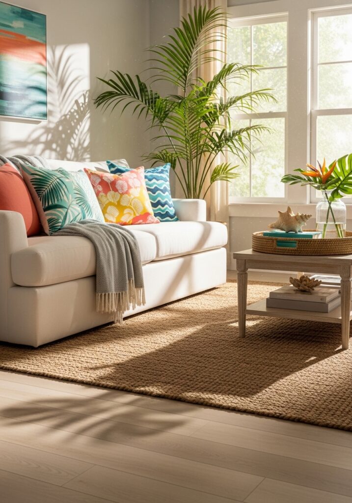 Layered jute rug in summer living room with white sofa and tropical plants for coastal decor