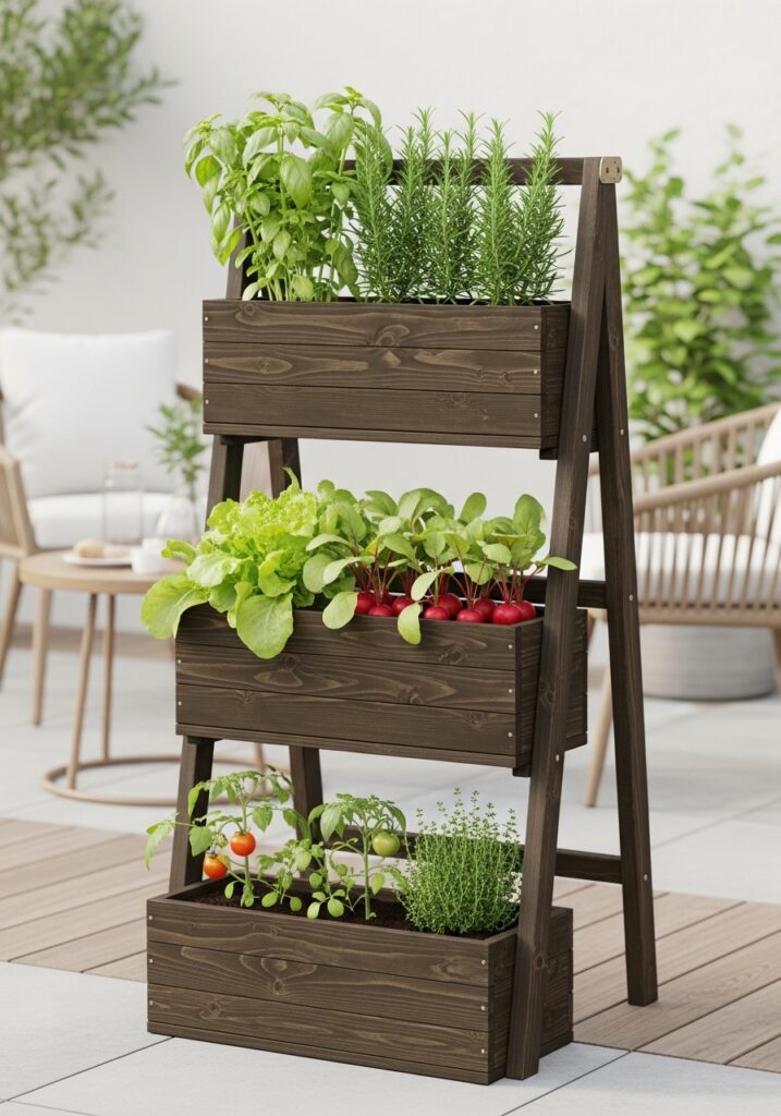 Ladder-style raised garden with three tiered planting shelves filled with herbs