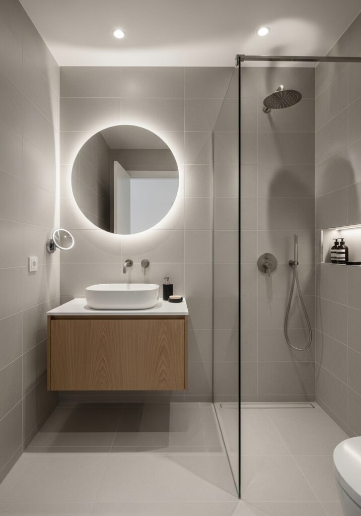 Large format gray tiles making small bathroom appear bigger