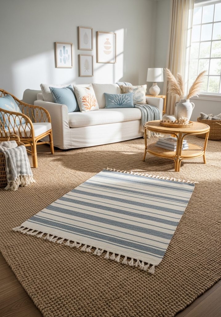 Layered jute and striped cotton rugs in coastal summer living room with white sofa and rattan furniture