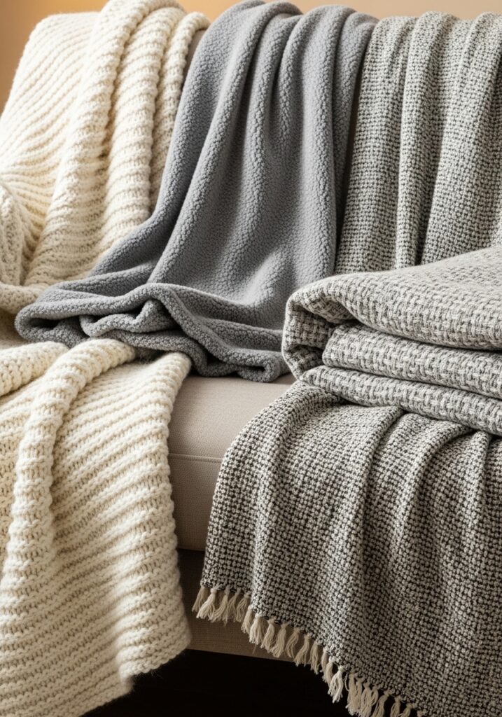 Multiple soft throw blankets layered on cozy living room sofa