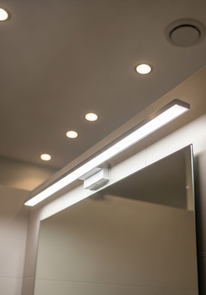 LED vanity lighting and recessed lights in small bathroom