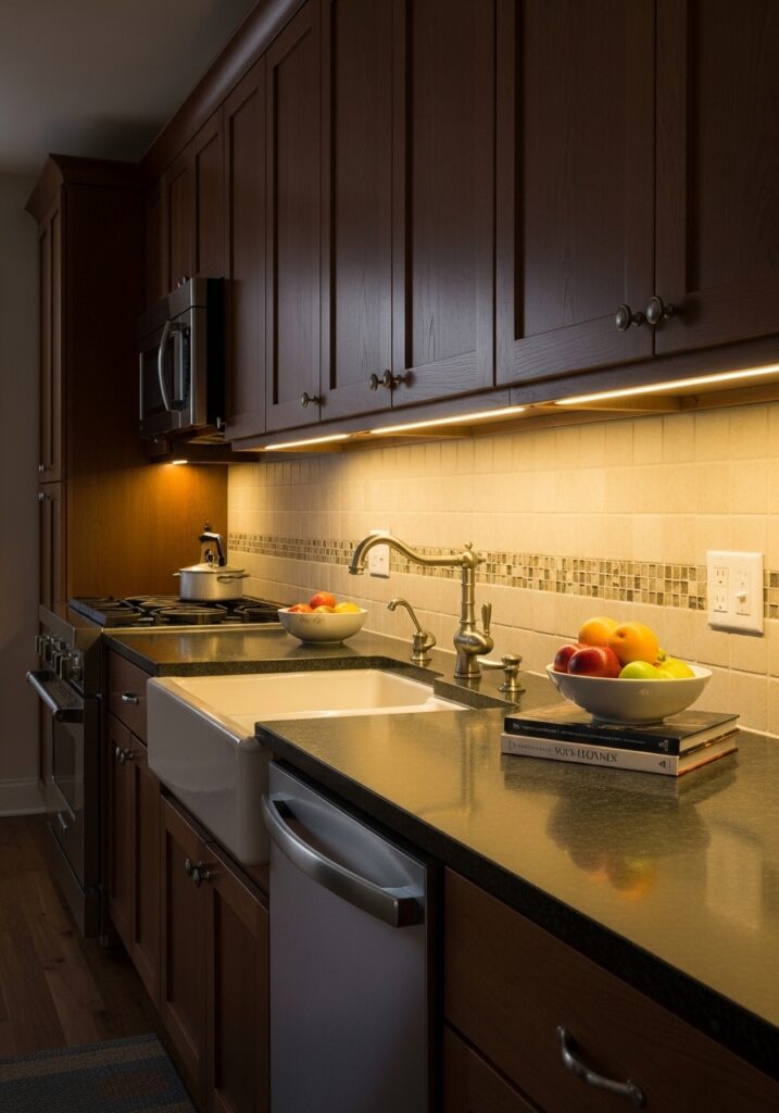 Budget LED under cabinet lighting creating warm glow in kitchen