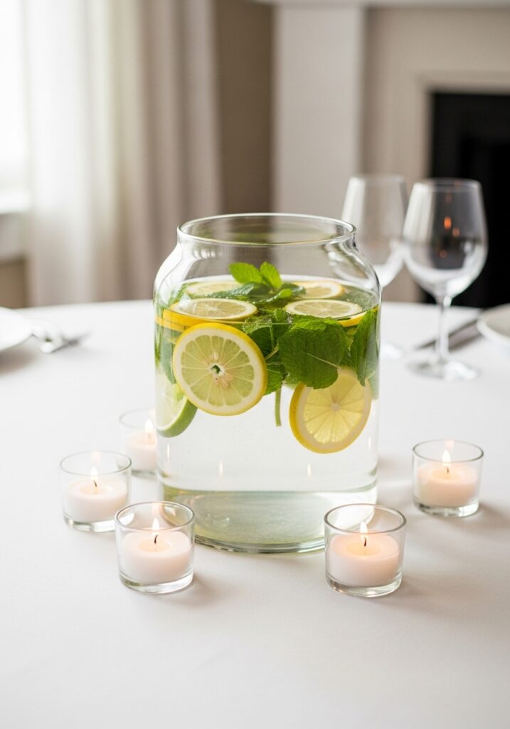 Glass vase with floating lemon and lime slices and mint as summer dining table centerpiece