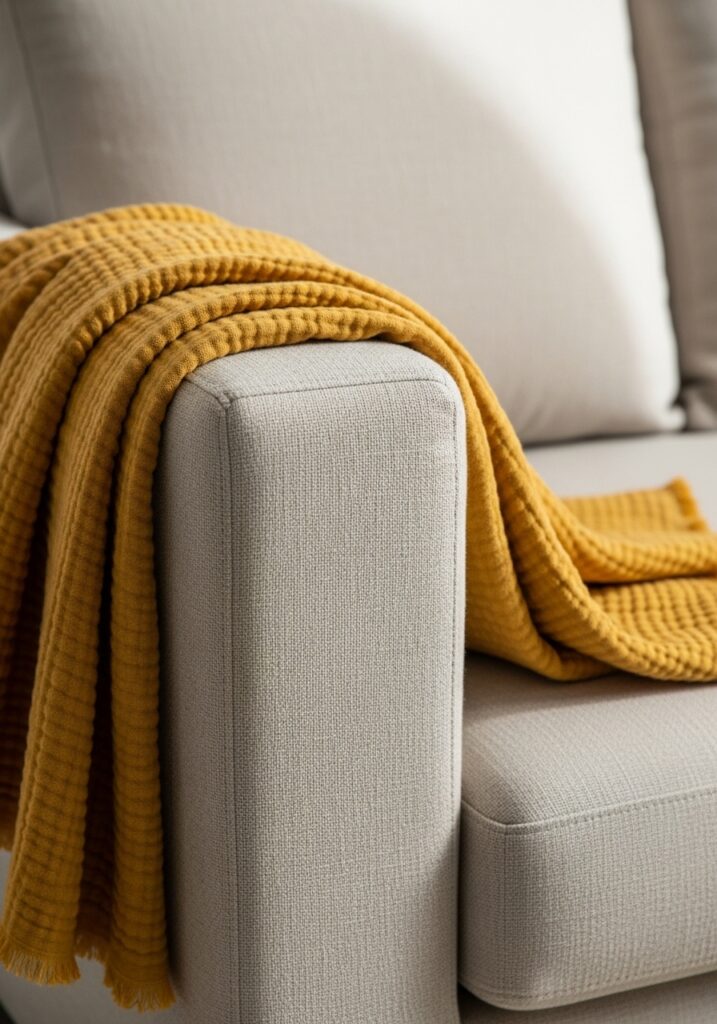 Mustard yellow lightweight cotton throw draped over linen sofa for casual summer home decoration