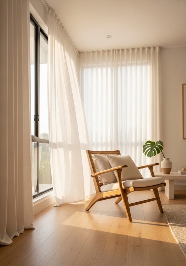 Breezy white linen curtains in bright summer living room with rattan furniture and natural sunlight

