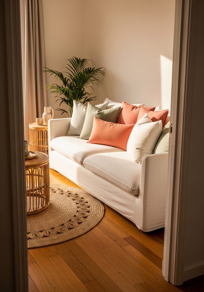 Bright living room with sage green and coral linen cushions on sofa for summer decorating refresh