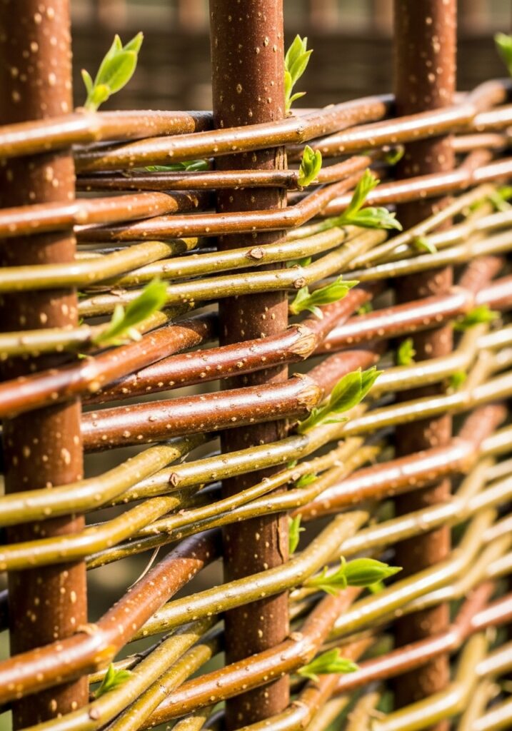 Close-up of living willow branches woven between stakes with green shoots