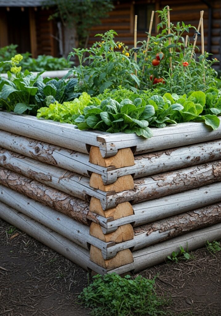 Raised bed built from notched logs stacked log-cabin style with vegetables