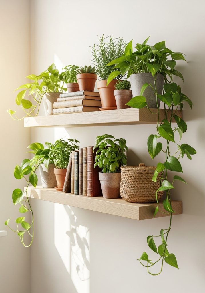 Lush summer green shelf aesthetic with trailing pothos, terracotta pots, succulents, and vintage books