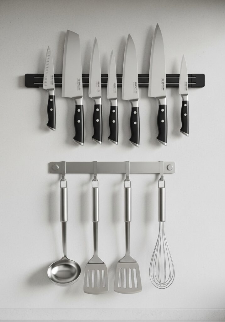 Magnetic knife strip and hooks in small kitchen creating vertical wall storage