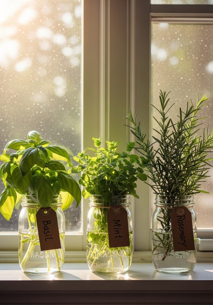 Mason jar herb garden with basil, mint, and rosemary on kitchen windowsill for summer DIY decor