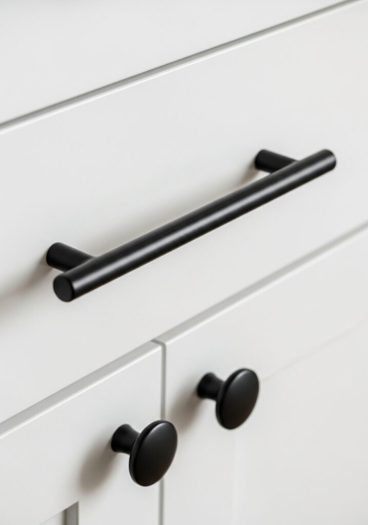 Close-up of modern matte black cabinet hardware on white kitchen cabinets
