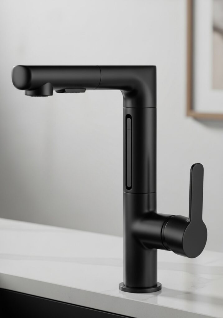 Close-up of budget-friendly matte black kitchen faucet with modern design