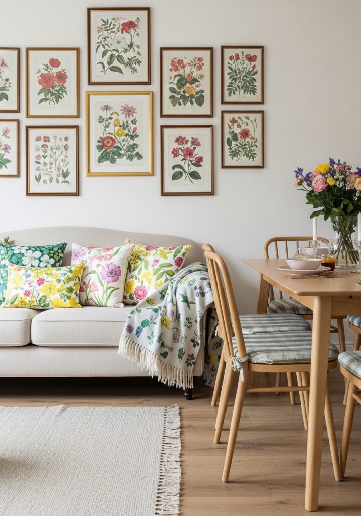 Maximalist floral summer aesthetic room with overflowing flower arrangement, floral cushions, botanical prints, and lush plants