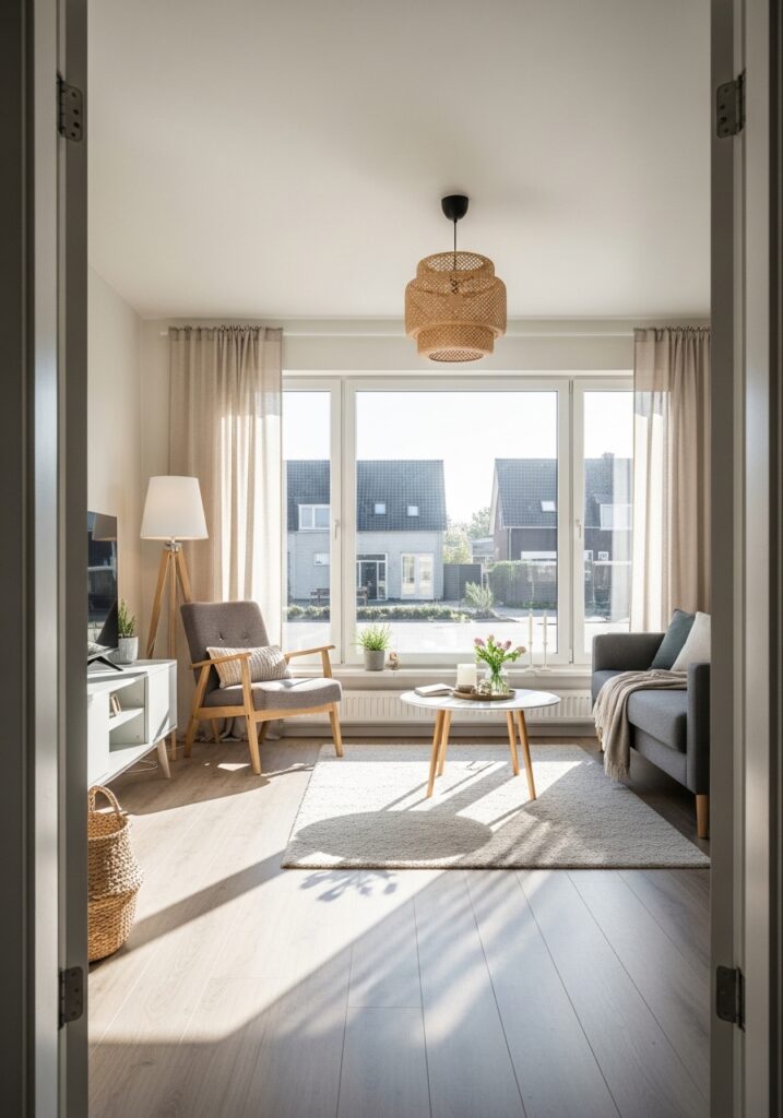 Small living room maximizing natural light with minimal window treatments