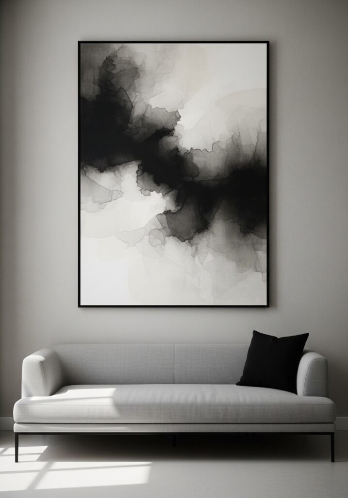 Monochromatic abstract art creating focal point in modern living room 2026