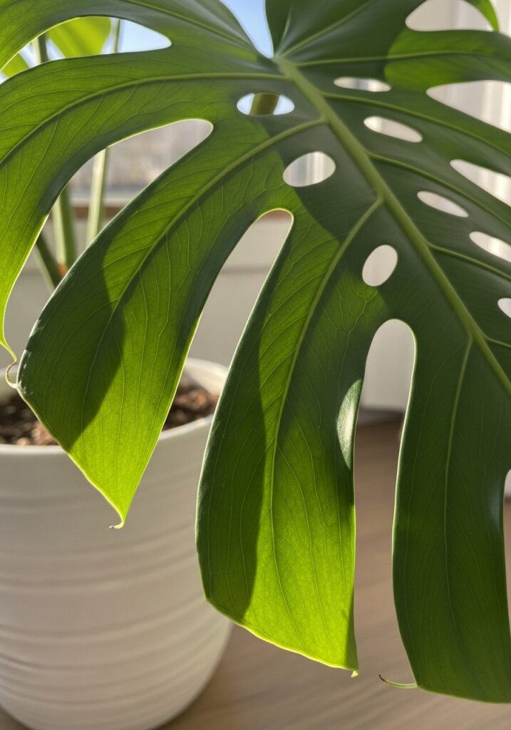 Close-up of monstera leaf in white ceramic pot for tropical summer home decor
