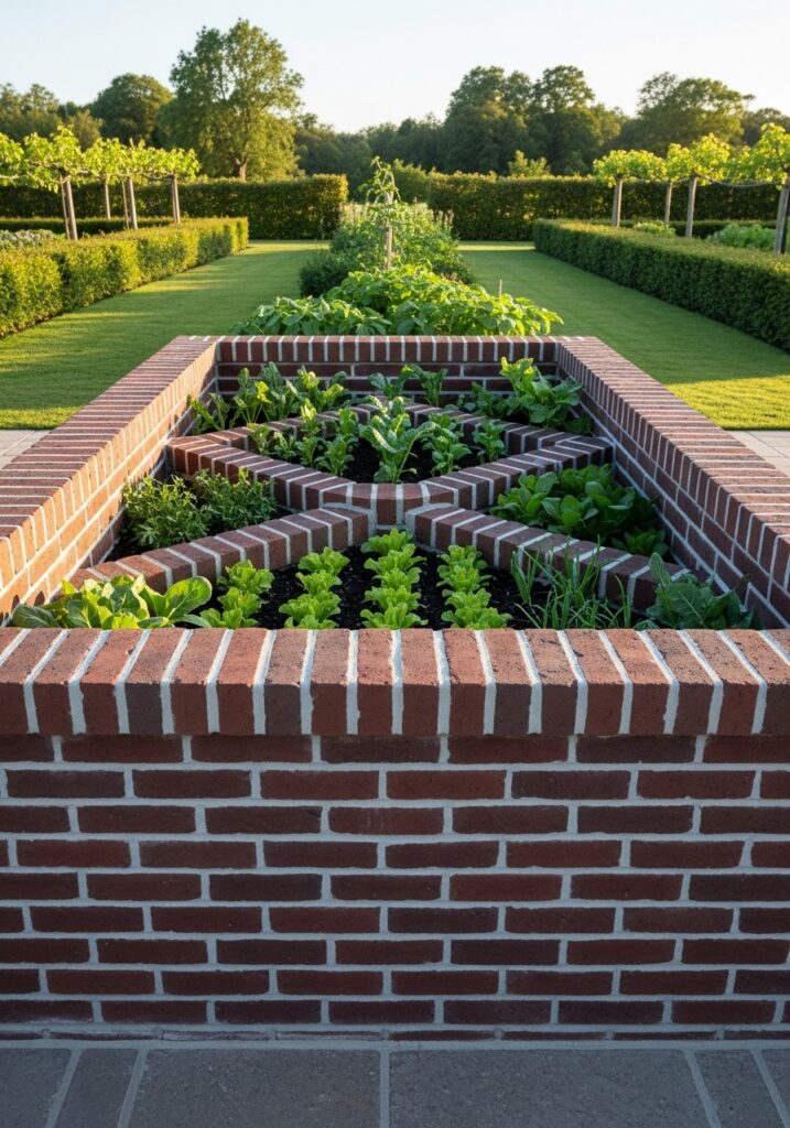Formal raised bed with professionally mortared brick walls in Flemish bond pattern