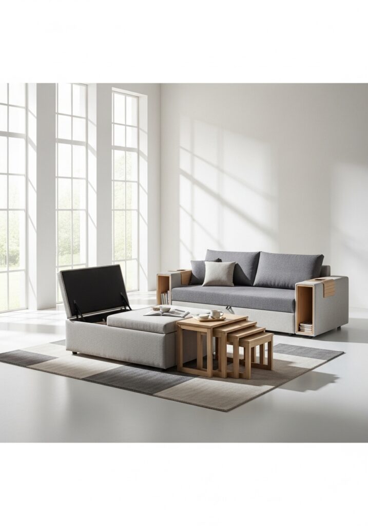 Multi-functional furniture minimizing pieces needed in minimalist living room