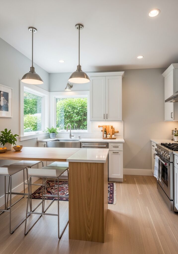 Narrow peninsula in small kitchen providing seating without island bulk