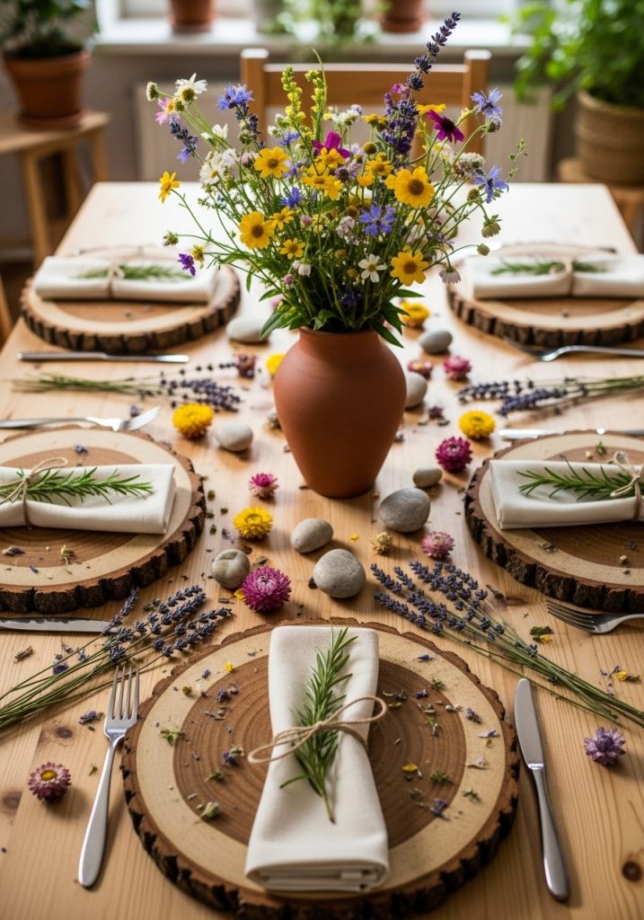 DIY natural summer tablescape with wooden slice placemats, herb-tied napkins, and wildflower centerpiece