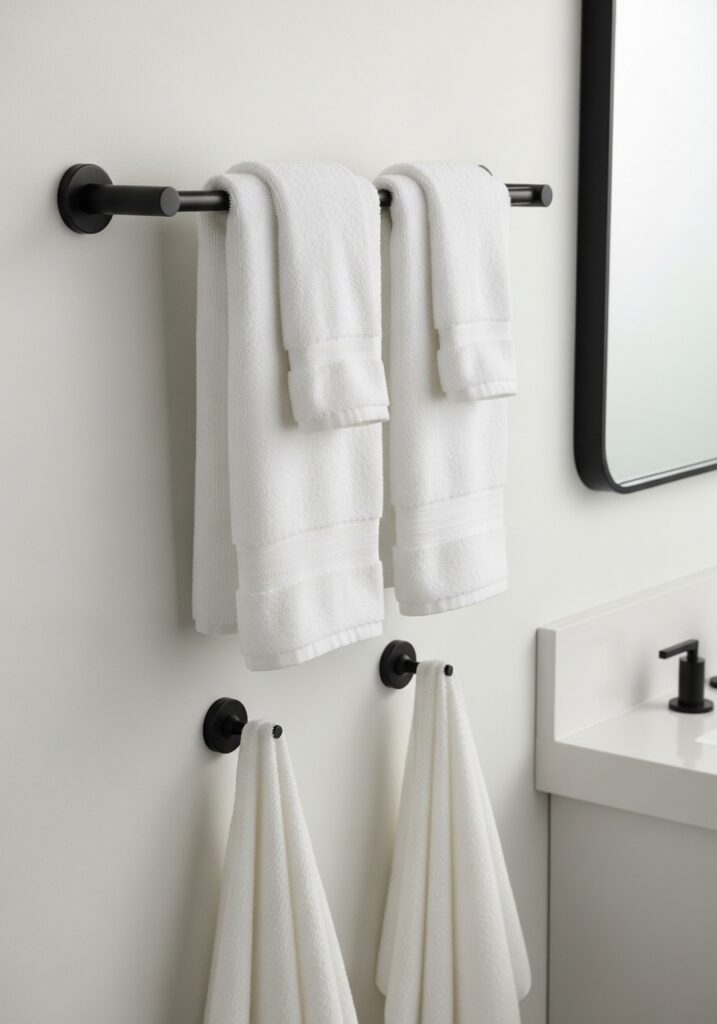  Matte black towel bar and hooks on white bathroom wall
