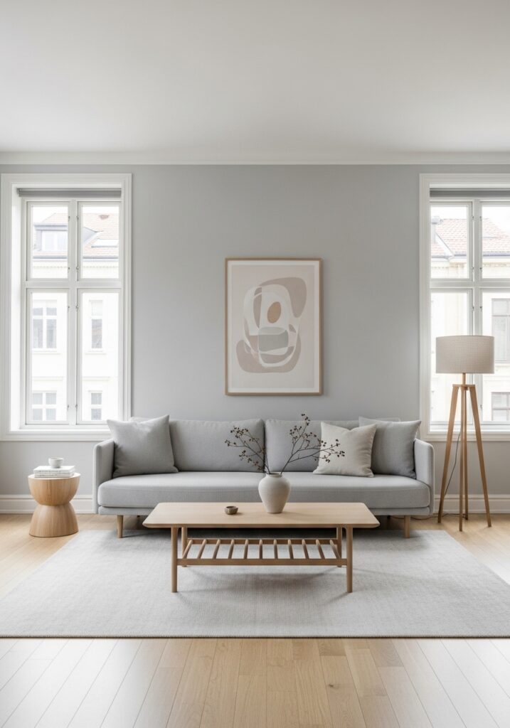 Perfectly curated minimalist living room practicing one in one out rule