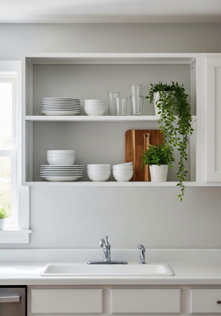 Budget kitchen update with upper cabinets converted to open floating shelves