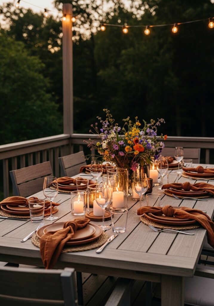 Outdoor patio dining table set for summer evening with terracotta plates, candles, and wildflower centerpiece
