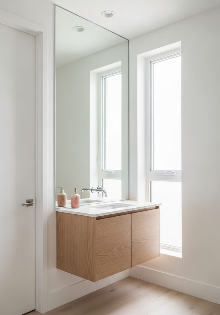 Large frameless mirror extending to ceiling in small bathroom
