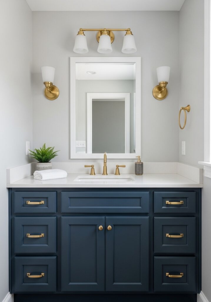 Oak bathroom vanity painted navy blue with new brass hardware