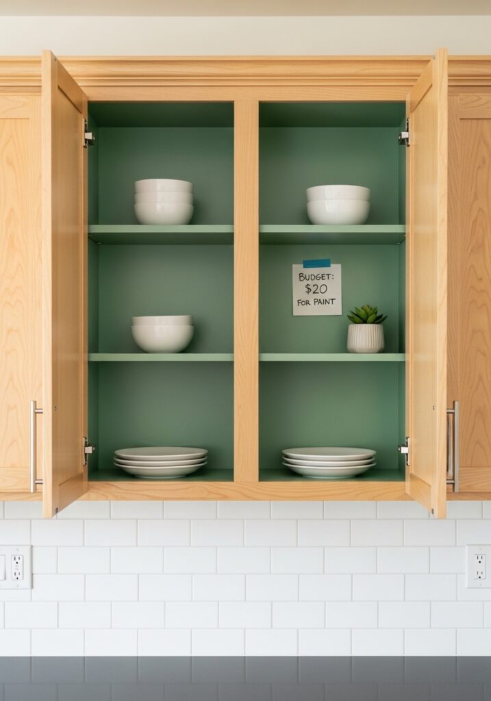 Kitchen cabinet interiors painted sage green for budget-friendly surprise detail