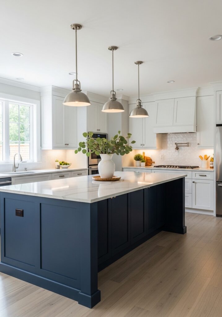 Budget kitchen with island painted navy blue creating contrast with white cabinets