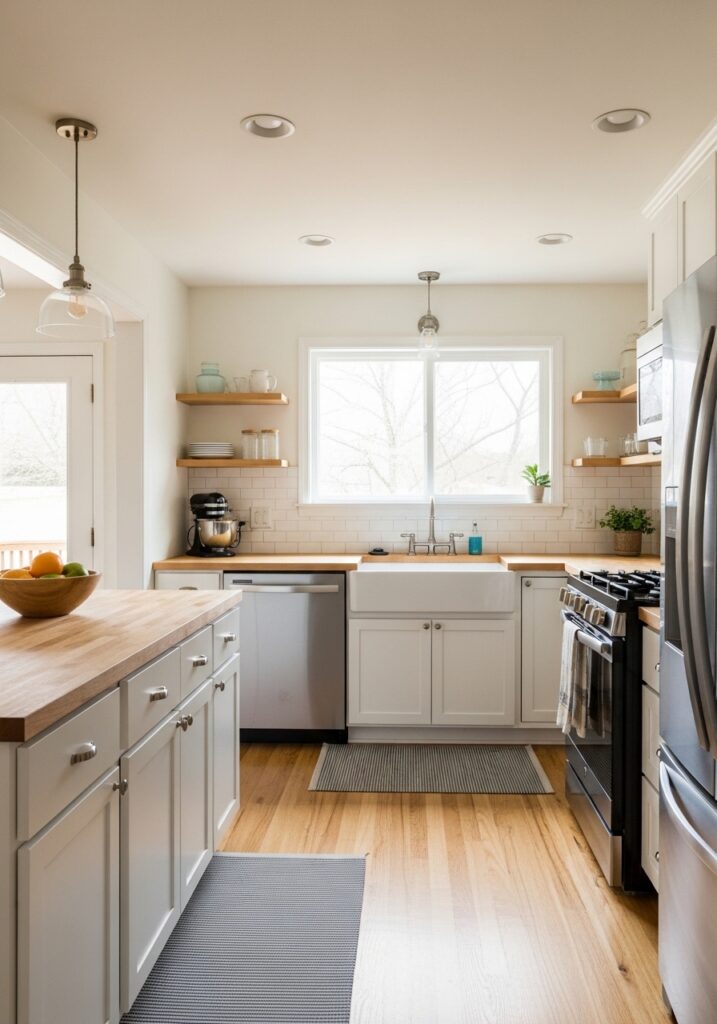 Budget kitchen refresh with walls painted in warm crisp white