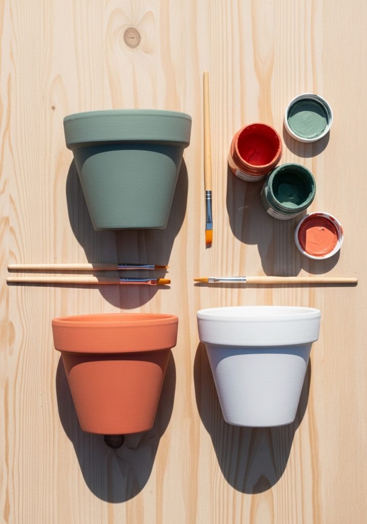 Terracotta pots painted in sage, coral, and white with paint brushes for summer decor DIY project